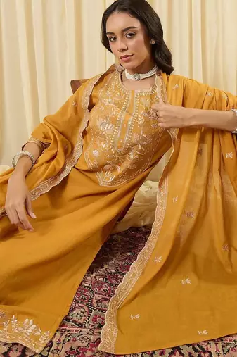 Women Ethnic Motifs Embroidered Regular Thread Work Pure Cotton Kurta with Trousers & With Dupatta