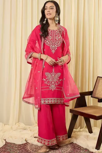 Women Ethnic Motifs Embroidered Regular Thread Work Kurta with Palazzos & With Dupatta