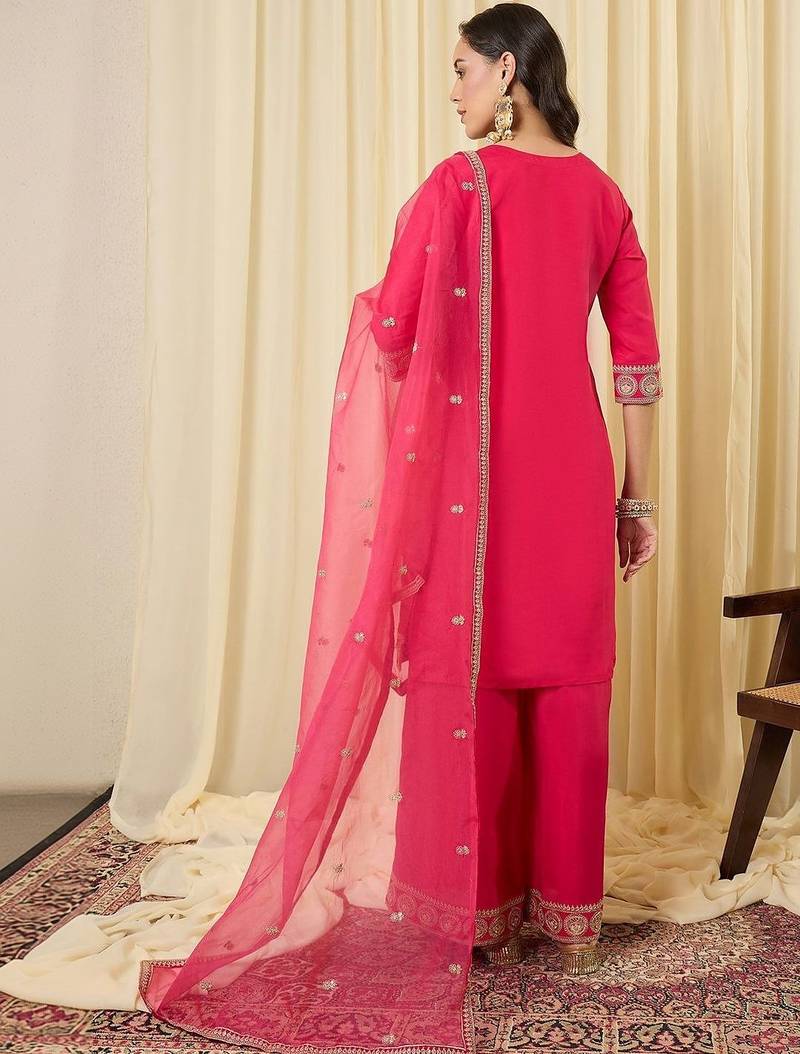 Women Ethnic Motifs Embroidered Regular Thread Work Kurta with Palazzos & With Dupatta