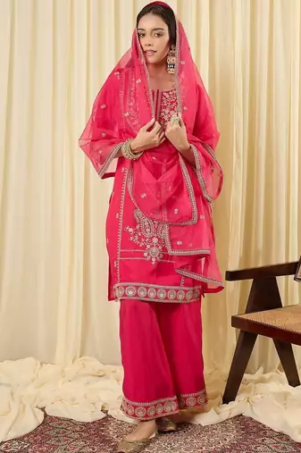 Women Ethnic Motifs Embroidered Regular Thread Work Kurta with Palazzos & With Dupatta