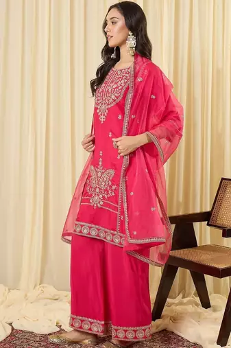 Women Ethnic Motifs Embroidered Regular Thread Work Kurta with Palazzos & With Dupatta
