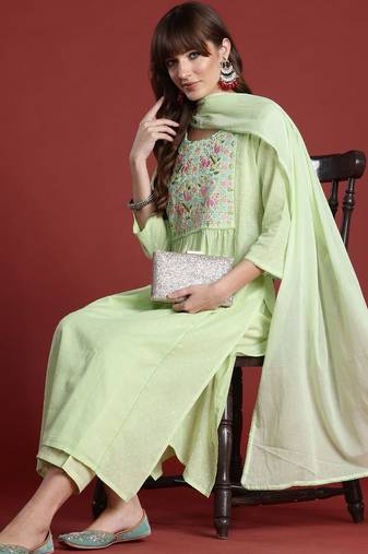 Women Floral Embroidered Panelled Thread Work  Cotton Kurta with Trousers & With Dupatta