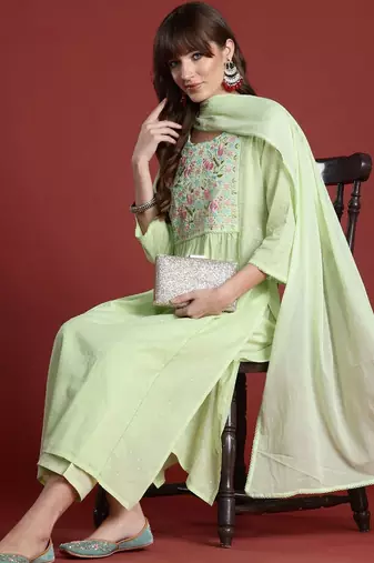 Women Floral Embroidered Panelled Thread Work Pure Cotton Kurta with Trousers & With Dupatta