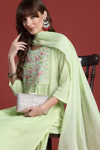 Women Floral Embroidered Panelled Thread Work Pure Cotton Kurta with Trousers & With Dupatta
