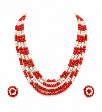 Red coral & white pearl multi-layer beaded necklace earring set 2