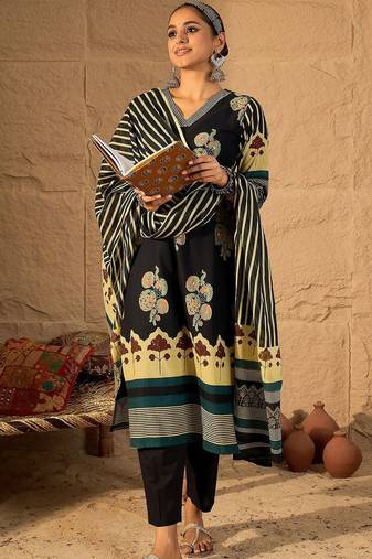 Women Ethnic Motifs Printed Regular Pure Cotton Kurta with Trousers & With Dupatta
