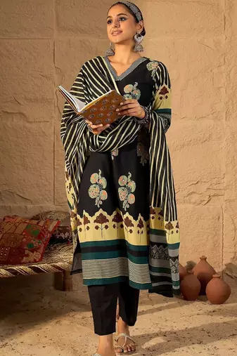 Women Ethnic Motifs Printed Regular Pure Cotton Kurta with Trousers & With Dupatta
