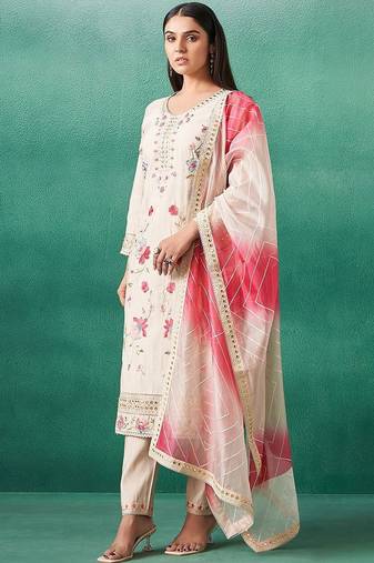 Women Floral Embroidered Regular Mirror Work Kurta with Trousers & With Dupatta