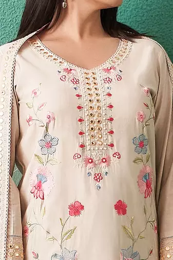 Women Floral Embroidered Regular Mirror Work Kurta with Trousers & With Dupatta