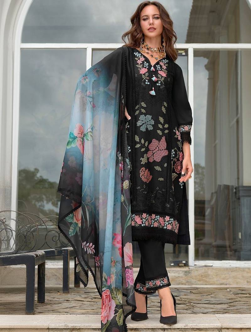 Women Floral Embroidered Regular Thread Work Pure Silk Kurta with Trousers & With Dupatta