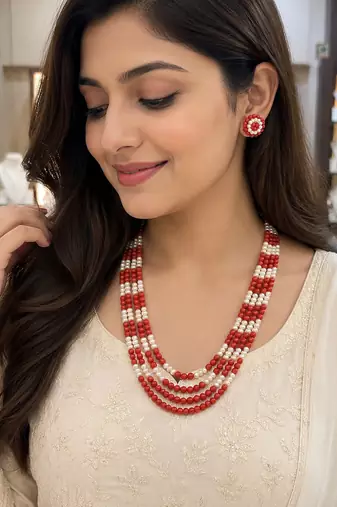 Red coral & white pearl multi-layer beaded necklace earring set