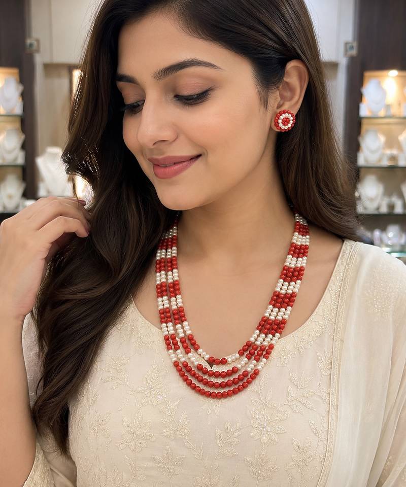 Red coral & white pearl multi-layer beaded necklace earring set
