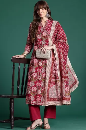 Women Floral Printed Angrakha Pure Cotton Kurta with Trousers & With Dupatta
