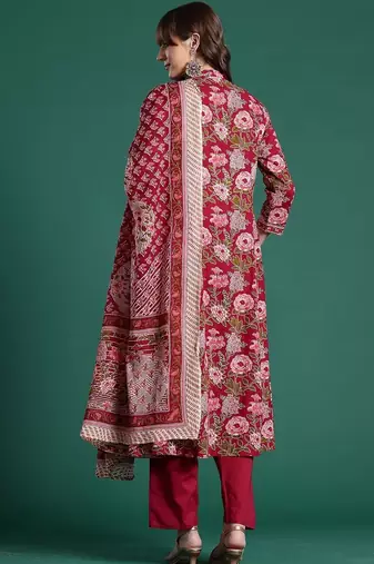 Women Floral Printed Angrakha Pure Cotton Kurta with Trousers & With Dupatta