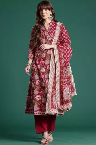 Women Floral Printed Angrakha Pure Cotton Kurta with Trousers & With Dupatta