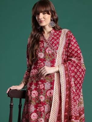 Women Floral Printed Angrakha Pure Cotton Kurta with Trousers & With Dupatta 4