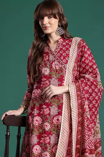Women Floral Printed Angrakha Pure Cotton Kurta with Trousers & With Dupatta