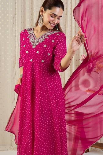 Ethnic Motifs Printed V-Neck Sequinned Georgette Kurta With Trousers & Dupatta