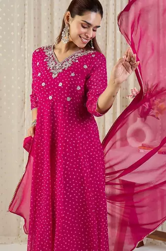 Ethnic Motifs Printed V-Neck Sequinned Georgette Kurta With Trousers & Dupatta