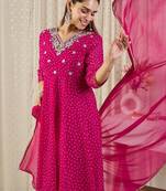 Ethnic Motifs Printed V-Neck Sequinned Georgette Kurta With Trousers & Dupatta