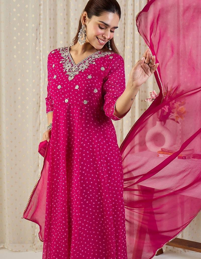 Ethnic Motifs Printed V-Neck Sequinned Georgette Kurta With Trousers & Dupatta