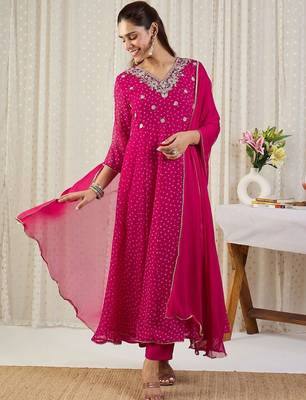 Ethnic Motifs Printed V-Neck Sequinned Georgette Kurta With Trousers & Dupatta 2
