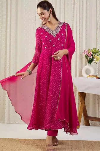 Ethnic Motifs Printed V-Neck Sequinned Georgette Kurta With Trousers & Dupatta