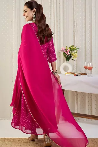 Ethnic Motifs Printed V-Neck Sequinned Georgette Kurta With Trousers & Dupatta
