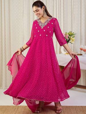 Ethnic Motifs Printed V-Neck Sequinned Georgette Kurta With Trousers & Dupatta 4