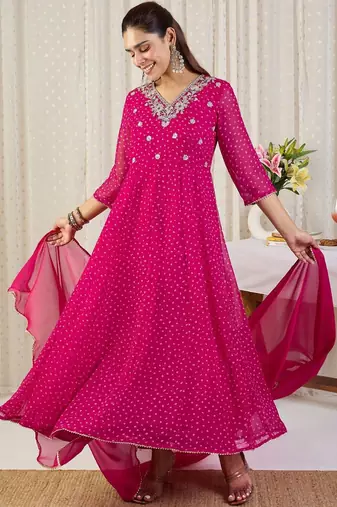 Ethnic Motifs Printed V-Neck Sequinned Georgette Kurta With Trousers & Dupatta