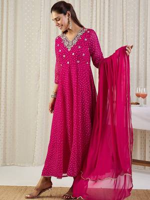 Ethnic Motifs Printed V-Neck Sequinned Georgette Kurta With Trousers & Dupatta 5