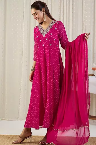 Ethnic Motifs Printed V-Neck Sequinned Georgette Kurta With Trousers & Dupatta