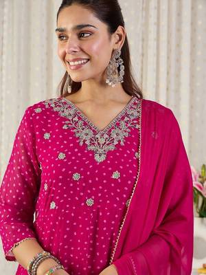 Ethnic Motifs Printed V-Neck Sequinned Georgette Kurta With Trousers & Dupatta 6