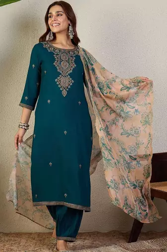 Ethnic Motifs Embroidered Regular Thread Work Kurta With Patiala & Dupatta
