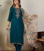 Ethnic Motifs Embroidered Regular Thread Work Kurta With Patiala & Dupatta