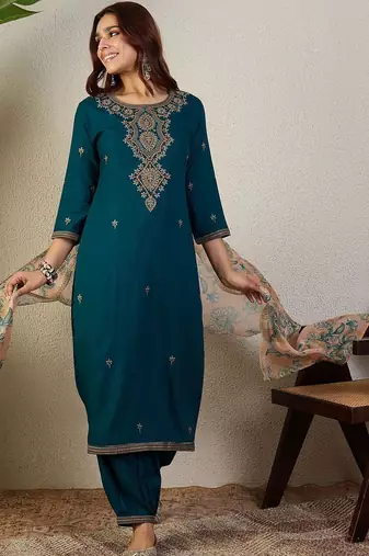 Ethnic Motifs Embroidered Regular Thread Work Kurta With Patiala & Dupatta