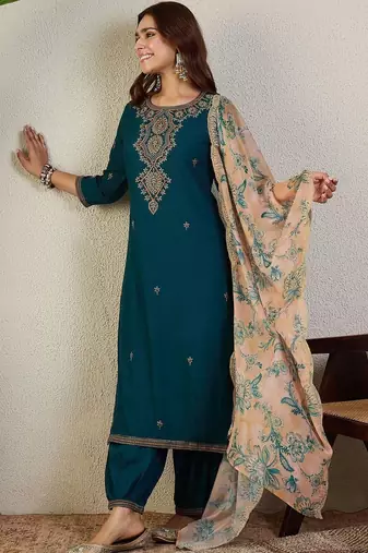Ethnic Motifs Embroidered Regular Thread Work Kurta With Patiala & Dupatta