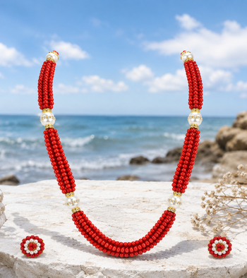 Red coral bead multi-strand necklace set with pearl earrings 1