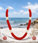 Red coral bead multi-strand necklace set with pearl earrings
