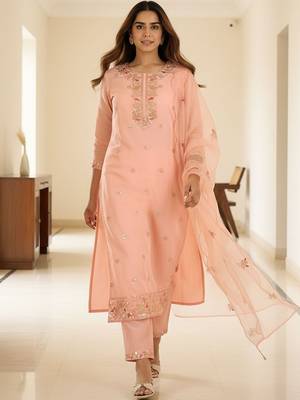 Ethnic Motifs Embroidered Regular Sequinned Kurta With Trousers & Dupatta 1