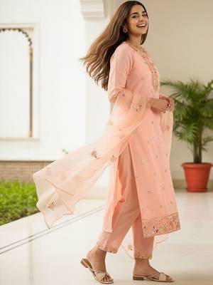 Ethnic Motifs Embroidered Regular Sequinned Kurta With Trousers & Dupatta 3