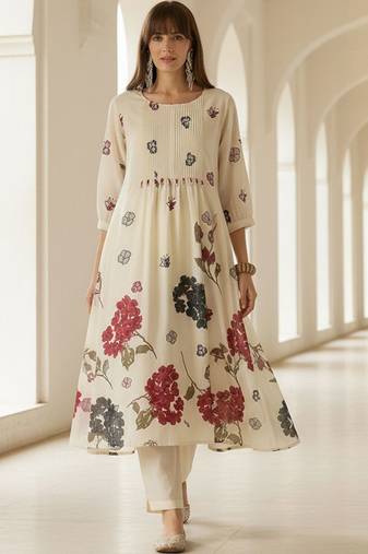 Floral Printed Regular Pure Cotton A-Line Kurta With Trousers