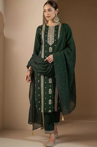 Ethnic Motifs Embroidered Round Neck Thread Work Kurta With Trousers & Dupatta