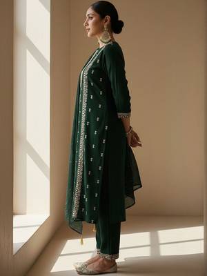 Ethnic Motifs Embroidered Round Neck Thread Work Kurta With Trousers & Dupatta 2