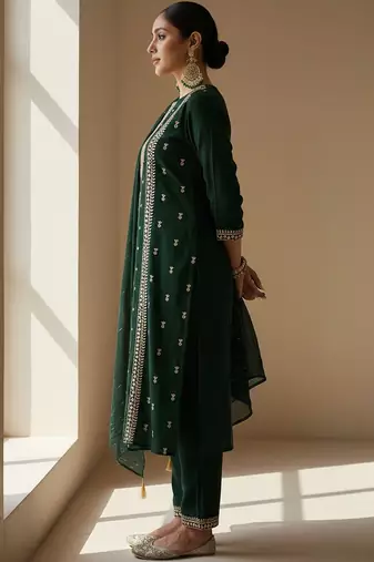 Ethnic Motifs Embroidered Round Neck Thread Work Kurta With Trousers & Dupatta