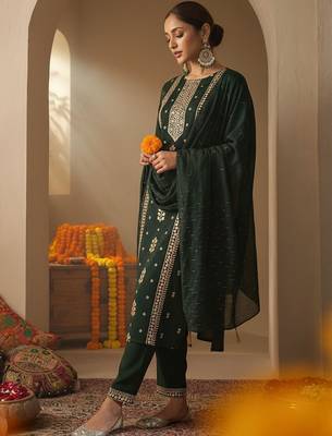 Ethnic Motifs Embroidered Round Neck Thread Work Kurta With Trousers & Dupatta 3