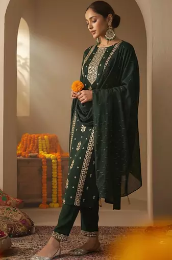 Ethnic Motifs Embroidered Round Neck Thread Work Kurta With Trousers & Dupatta