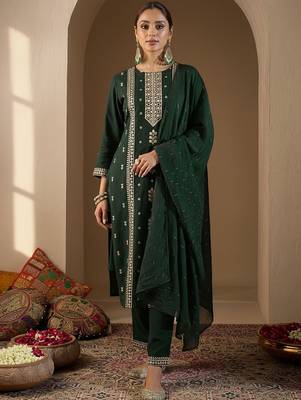 Ethnic Motifs Embroidered Round Neck Thread Work Kurta With Trousers & Dupatta 6