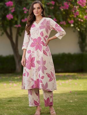 Floral Printed V-Neck Pure Cotton A-Line Kurta With Trousers 4