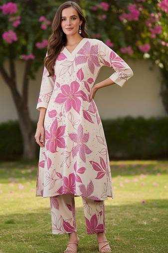 Floral Printed V-Neck Pure Cotton A-Line Kurta With Trousers